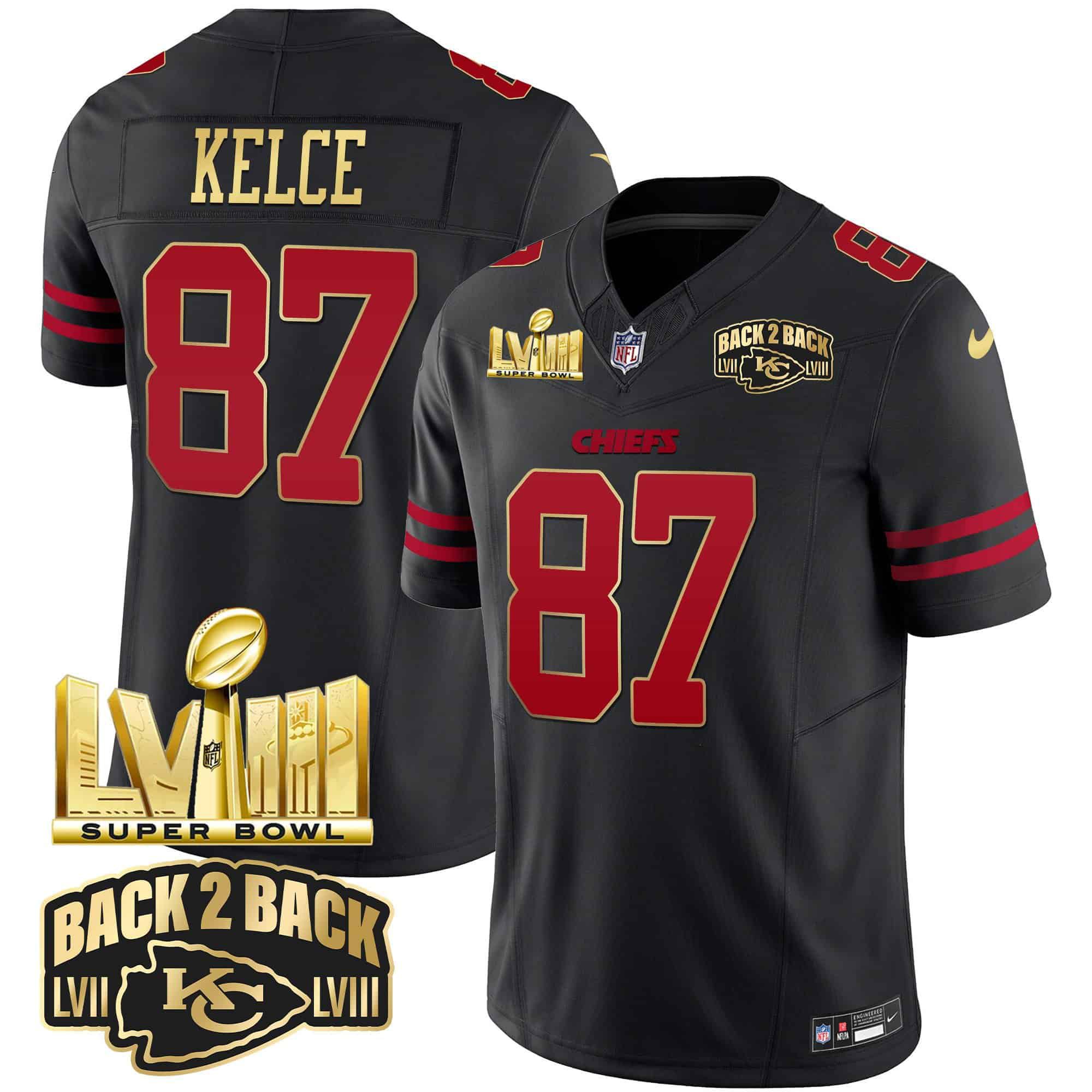 Men Kansas City Chiefs 87 Kelce Black 2024 Nike Super Bowl LVIII & Back 2 Back Gold Patch Vapor NFL Jersey style 1